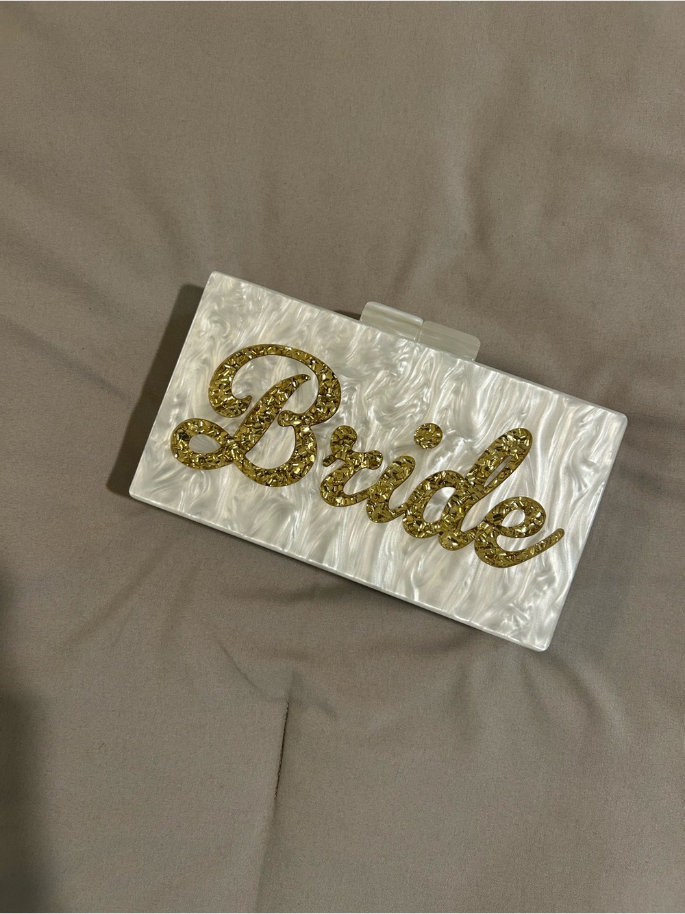 Bride Pearlized Acrylic Clutch with Gold Script
